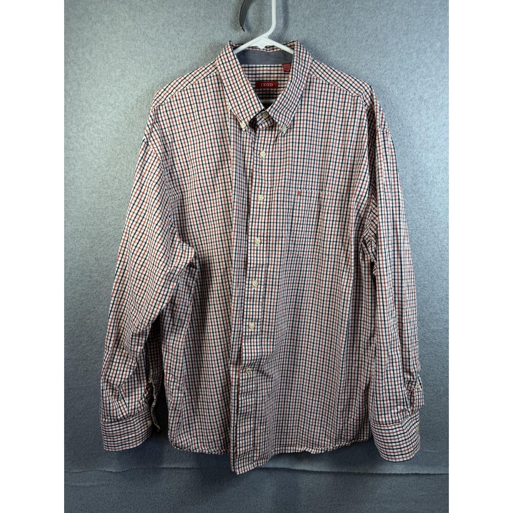 IZOD Shirt Mens 2XL‎ Red Blue Check Button Down Long Sleeve Classic Casual